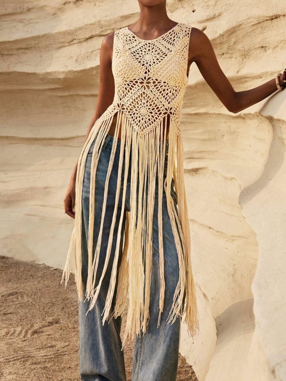 Apricot Casual Women's Fringed Hem Sleeveless Knit Top Boho Beach Holiday - Picture 6 of 7